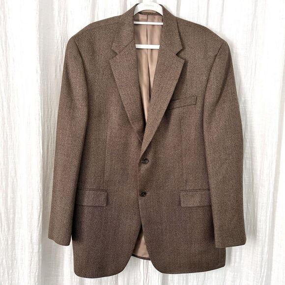 Izod Brown 100% Lambswool Herringbone 2 Button Satin Lined Blazer Sport Coat 44L - Picture 1 of 10